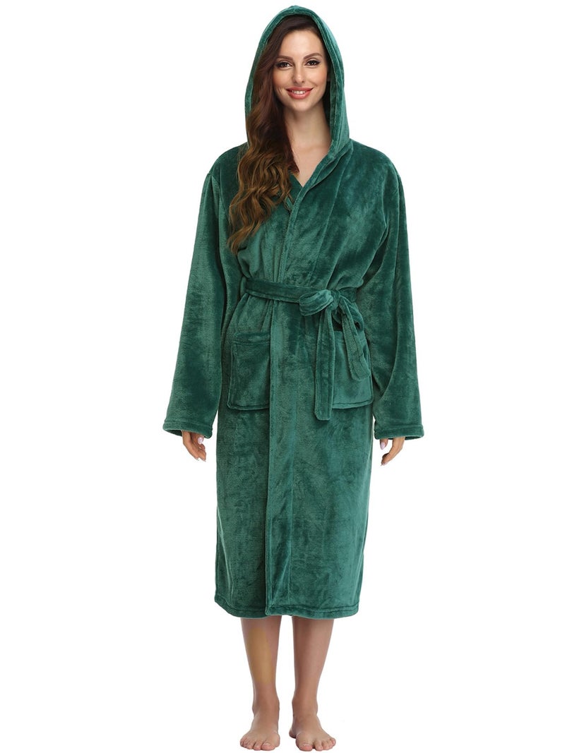 RONGTAI Womens Robes Plush Fleece Emerald Green Hooded Bathrobe Thick Nightgown with Pockets Fluffy Sleepwear Small - Image 3